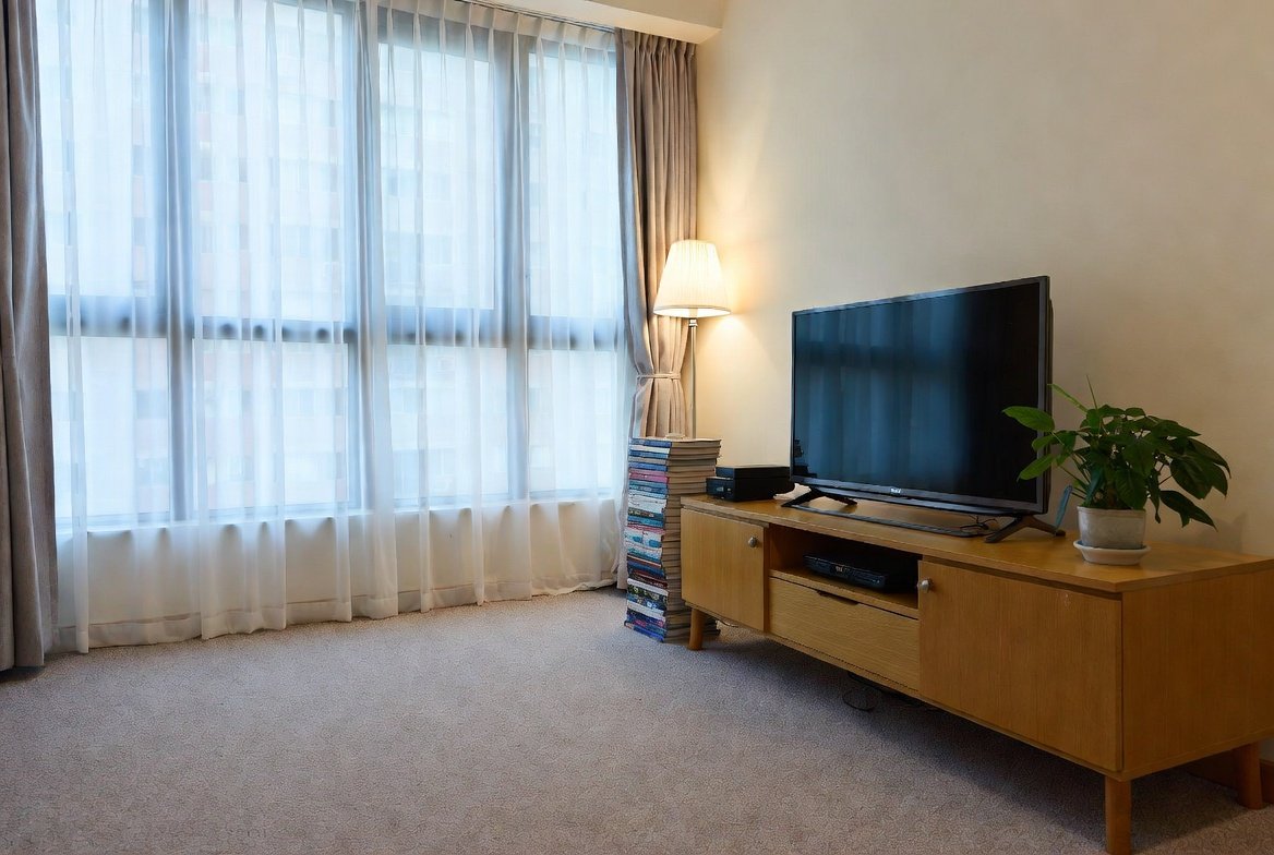 Clean living room, weekly upkeep feel